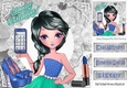 Trendy girl loves fashion with blue mobile phone, 8x8