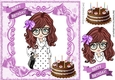 trendy girl in purple bow loves to shop!, with birthday cake 8x8
