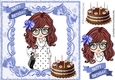 trendy girl in blue bow loves to shop!, with birthday cake 8x8