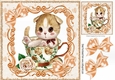 Cute kitten in a teacup with peach roses & bows 8x8