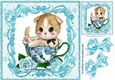 Cute kitten in a teacup with turq roses & bows 8x8