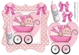Sweet baby girl in her pram with bottle in pink polkadot frame
