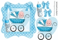 Sweet baby boy in his pram with bottle in blue polkadot frame