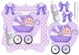 Sweet baby girl in her pram with bottle in lilac polkadot frame