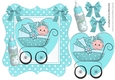 Sweet baby girl in her pram with bottle in turq polkadot frame