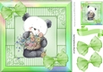 cute little panda with flowers and green  bows in rainbow frame 8x8