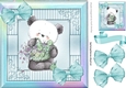 cute little panda with flowers and turq bows in rainbow frame 8x8