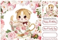 cute kitten in a teacup with pink roses & peonies 8x8