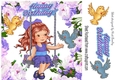 little girl on a swing in flower frame with blue bird 8x8