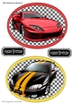 two car toppers with tags on checkered backgrounds (red)
