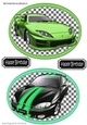 two car toppers with tags on checkered backgrounds (green)