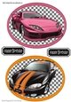 two car toppers with tags on checkered backgrounds (orange)