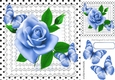 lovely shades of blue roses on lace with butterflies and black polkadot 8x8