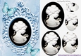 Pretty blue butterflies adorn a cameo lady silhouette with oval pyramids