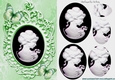 Pretty green butterflies adorn a cameo lady silhouette with oval pyramids