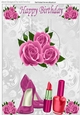 Lovely pink roses on a pop up with shoes and lippy