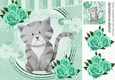 Cute painted grey kitten with turq roses 8x8