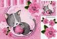 Cute painted grey kitten with pink roses & a ball of wool 8x8
