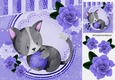 Cute painted grey kitten with purple roses & a ball of purple wool 8x8