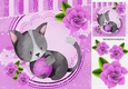 Cute painted grey kitten with cerise roses & a ball of cerise wool 8x8