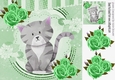 Cute painted grey kitten with green roses 8x8