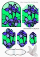 pretty stained glass window & blue flowers, dove, bracket pyramids