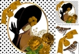 classy lady with polkadot,bow & gold roses and birds 8x8