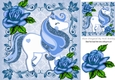 pretty blue glitter rose in ornate frame with blue unicorn 8x8