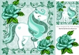 pretty turq glitter rose in ornate frame with turq unicorn 8x8
