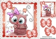 Cute owl in heart box with red butterflies & sparkle 8x8