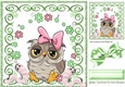 lovely owl in bow with little toony worms in green scroll frame with bow 8x8