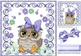 lovely owl in bow with little toony worms in purple scroll frame with bow 8x8