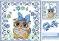lovely owl in bow with little toony worms in blue scroll frame with bow 8x8