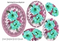 painted turq hibiscus flowers in pearl frame, oval pyramids