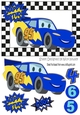 Boy racer car with toony face in royal blue in check frame A5