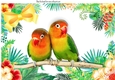 Pair of love birds on a branch in tropical flower frame A4
