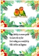 Pair of love birds on a branch in tropical flower frame insert with verse
