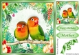 Pair of love birds on a branch in tropical flower frame 8x8