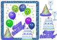 Toony birthday balloons with blue cake 8x8