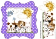 cute little puppies with little blue bird & clouds purple polka dot frame 8x8