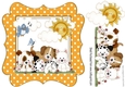 cute little puppies with little blue bird & clouds gold polkadot frame 8x8