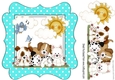 cute little puppies with little blue bird & clouds turq polkadot frame 8x8