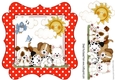 cute little puppies with little blue bird & clouds red polkadot frame 8x8