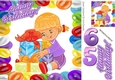 happy girl celebrating her birthday with presents (purple) 8x8