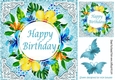 lovely floral blue and lemon birthday card with butterflies 8x8