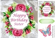 Pretty pink roses on satin birthday card for a SISTER with butterfly 8x8