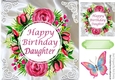 Pretty pink roses on satin birthday card for a DAUGHTER with butterfly 8x8