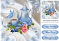 pretty blue teapot with butterflies and roses on satin 8x8