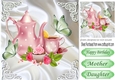 pretty pink teapot with butterflies roses, & cupcakes on satin 8x8