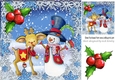 A lovely whimsical snowmen with a deer  in the snow with holly 8x8